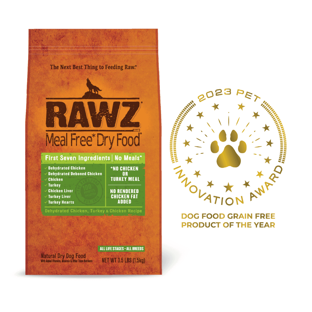 orange bag of RAWZ pet food on a white background next to the logo for the 2023 pet innovation award for best dog food grain free product of the year
