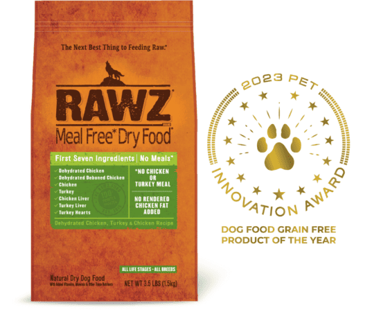 orange bag of RAWZ pet food on a white background next to the logo for the 2023 pet innovation award for best dog food grain free product of the year