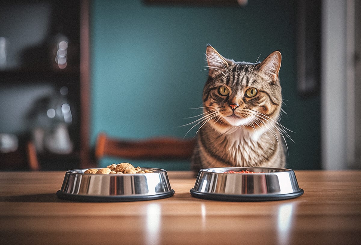 A cat sitting by two metal bowls